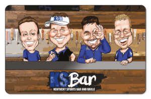 ks bar logo with background of four kentuky fans sitting at the bar happy